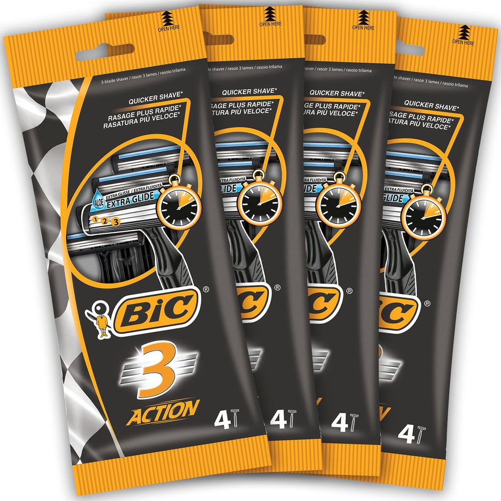 BIC 3 Action, Men's Disposable Razors, Fixed Head, Triple Blade for Great Control, Bundle of 4 Packs of 4