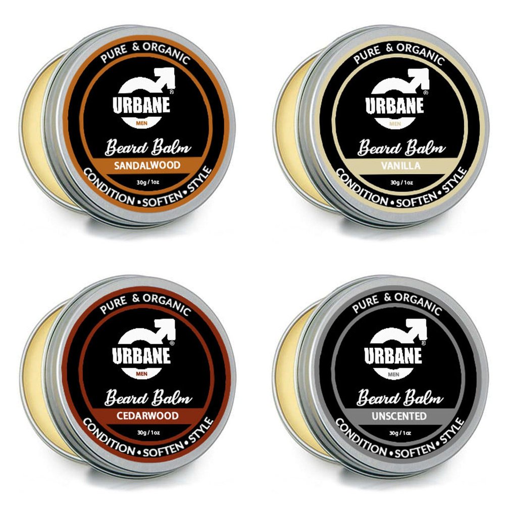 Urbane Men Beard Balm Pack of 4  Premium Beard Kit with Sandalwood, Vanilla, Cedarwood, Unscented Essential Oils  Moisturising Beard Conditioner