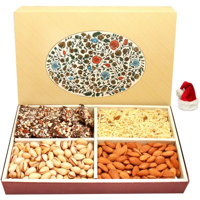 Ghasitaram Gifts Christmas Gifts Chocolates Hampers - Eco 4 Part Print Hamper Box with Almonds, Pistachios, Namkeen and English Brittles Chocolates 600 GMS