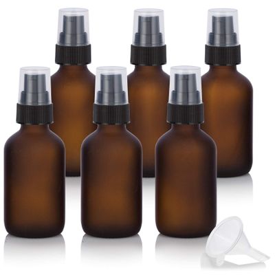 2 oz Frosted Amber Glass Boston Round Black Treatment Pump Bottle (6 Pack) + Funnel