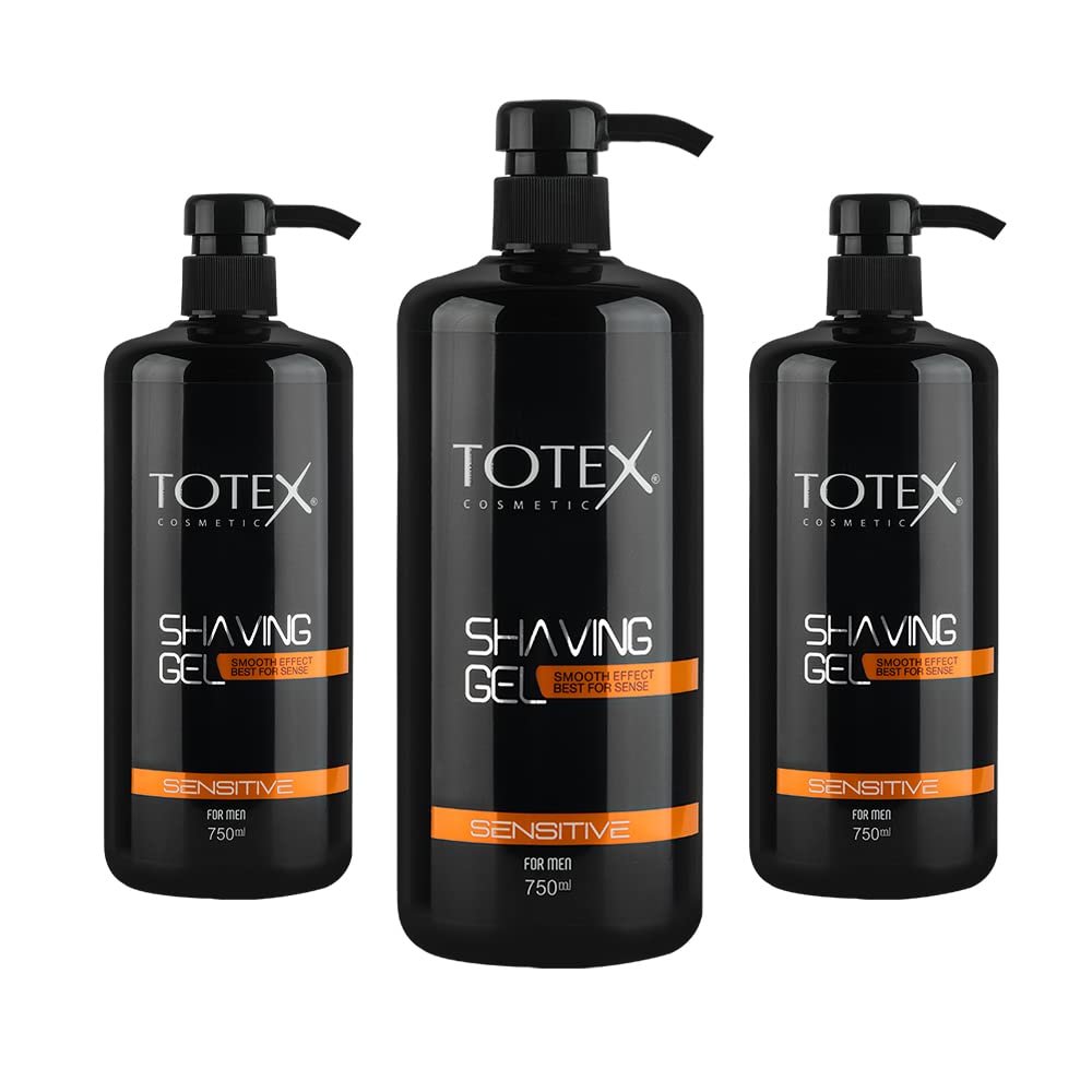 Totex Shaving Gel Sensitive Skin 750ml Pack of 3 Cooling Shave Gel with Pump, Transparent Formula for Smooth Shave, Anti-Irritation Care for Men & Women, Face, Body & Bikini Line Grooming