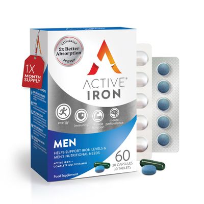 Active Iron Supplement 14 mg + Multivitamin for Men Clinically Proven to Increase Energy & Reduce Tiredness Gentle, Non-Constipating Iron + Mens Multivitamin 30 Capsules + 30 Tablets