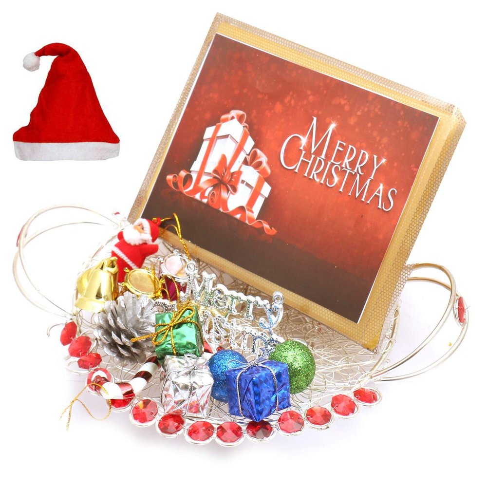 Ghasitaram Gifts Christmas Gifts - Mesh Thali with Christmas Chocolate Bar and Christmas Decor