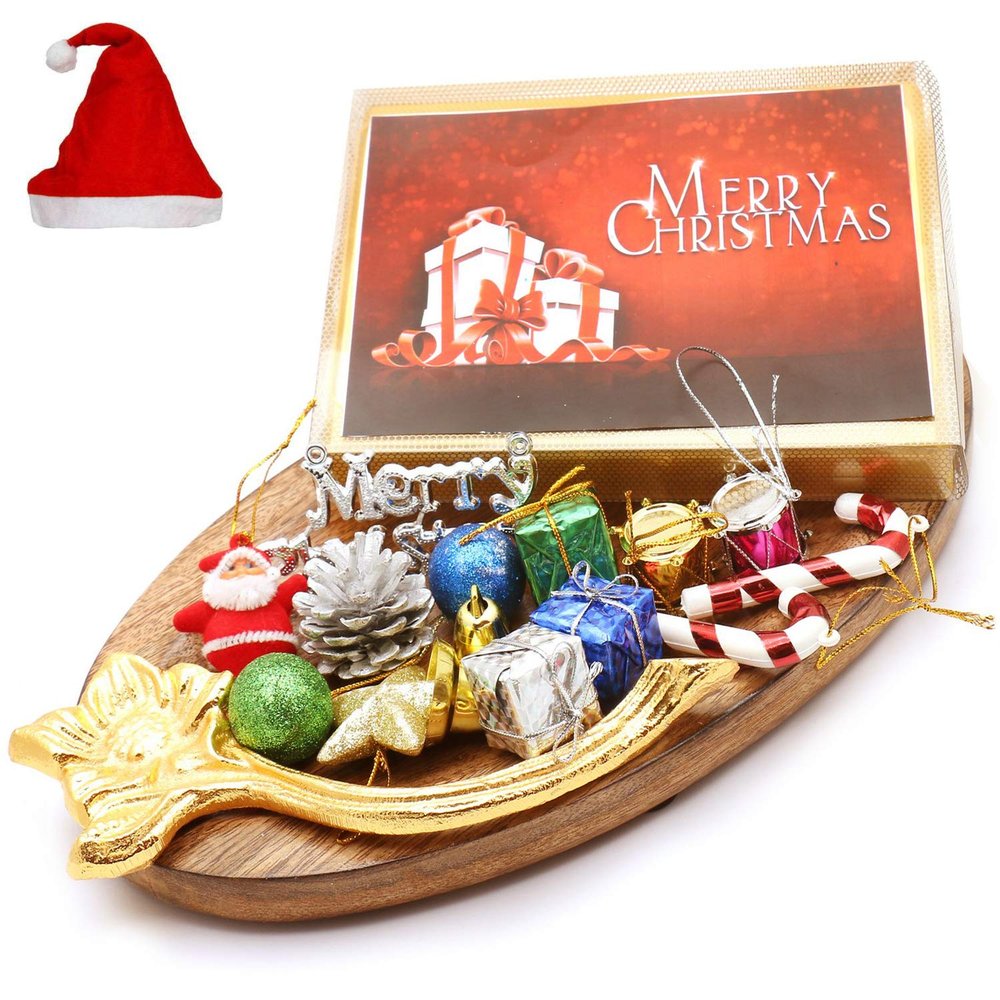 Ghasitaram Gifts Christmas Gifts - Wooden Platter with Christmas Chocolate Bar and Christmas Decor