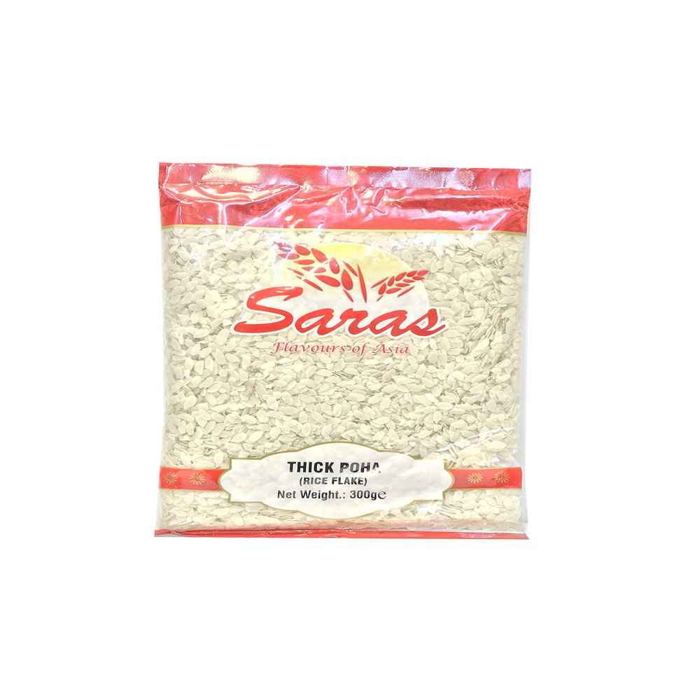 Saras Poha (Rice Flakes) Thin, Thick, Medium, Corn (Makai) 300G/800G (Thick Poha 300G (Rice Flakes))