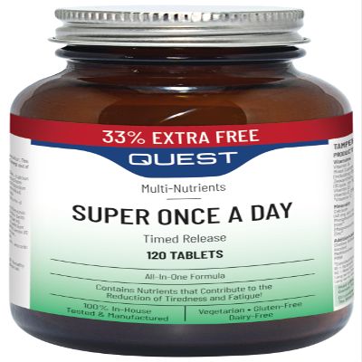 Quest Super Once A Day Multivitamin & Minerals 120x Tablets. 17 Vitamins & 12 Minerals with Vitamin A, B, C, D, Iron & Zinc for Men & Women. for Optimal Health, Reduces Fatigue & Immunity (1 Pack)