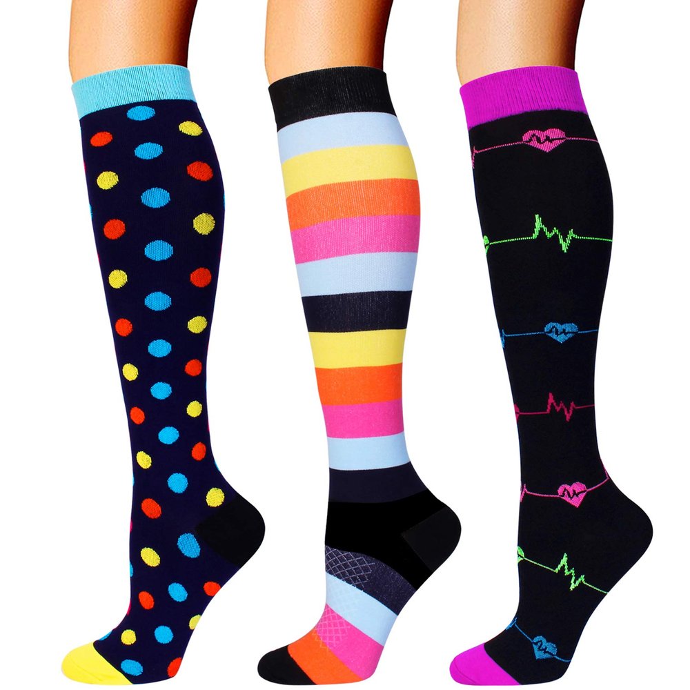 Double Couple 3 Pairs Compression Socks for Women Men 20-30mmhg Knee High Stocking for Sports Running Travel Nurses, Multicoloured 1, Large-X-Large