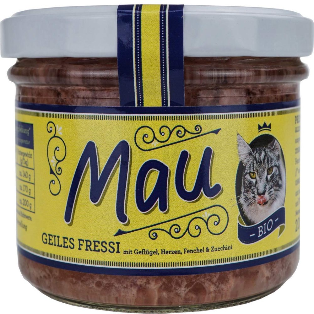 Mau Organic Cat Food Geiles Fressi 2 x 200 g with Poultry, Chicken, Fennel and Zucchini in Resealable Glass