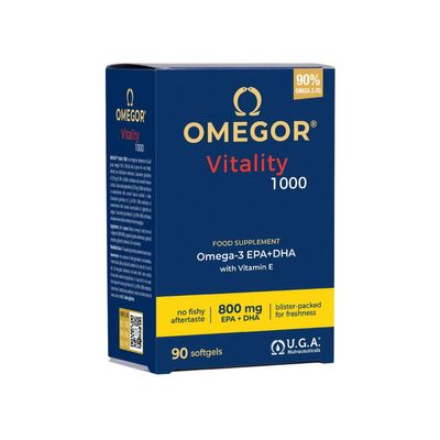 Omega 3 Capsules High Strength - OMEGOR Vitality 1000 Omega3 Supplement with 535mg EPA and 268mg DHA for Heart, Brain and Eye Vision - No Fishy Aftertaste (90 Softgel Caps)