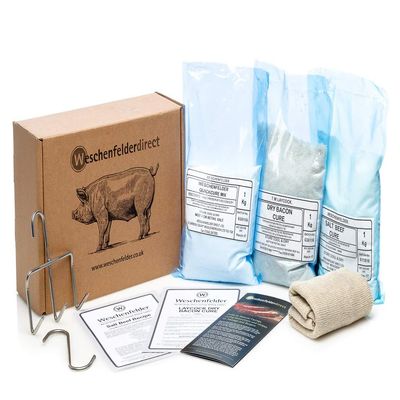 Weschenfelder Curing Starter Kit, 1kg Dry Bacon Cure, 1kg Salt Beef Cure, 1kg Ham Quickcure with Hooks, Muslin Cloth and Recipes