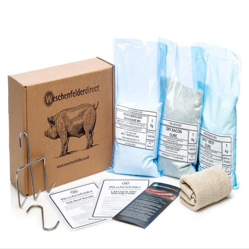 Weschenfelder Curing Starter Kit, 1kg Dry Bacon Cure, 1kg Salt Beef Cure, 1kg Ham Quickcure with Hooks, Muslin Cloth and Recipes