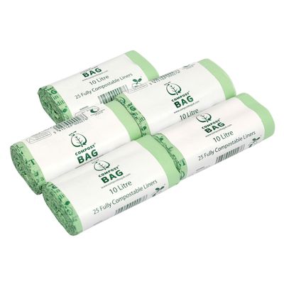 10 Litre x 125 Compost Bag Compostable Bags - Kitchen Caddy Liner - Food Waste Bin Liners - EN 13432-10L Bags with Composting Guide