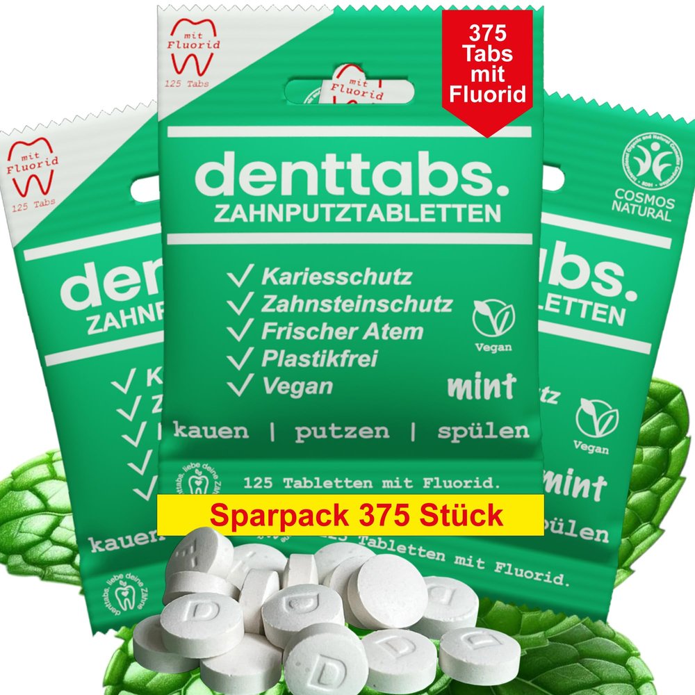 DENTTABS Teeth Cleaning Tablets with Fluorid 3 x 125 pcs. The Full-fledged Alternative to Toothpaste, Mint Vegan Plastic-Free Without preservatives. in The Original denttabs compostable Bag