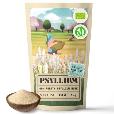 NaturaleBio Organic Psyllium Husk - 99% Purity - 1 kg. Pure & Natural Psyllium Seed Husks, Produced in India. High in Fibre, to be Mixed with Water, Beverages, & Juices, Vegetarian & Vegan.