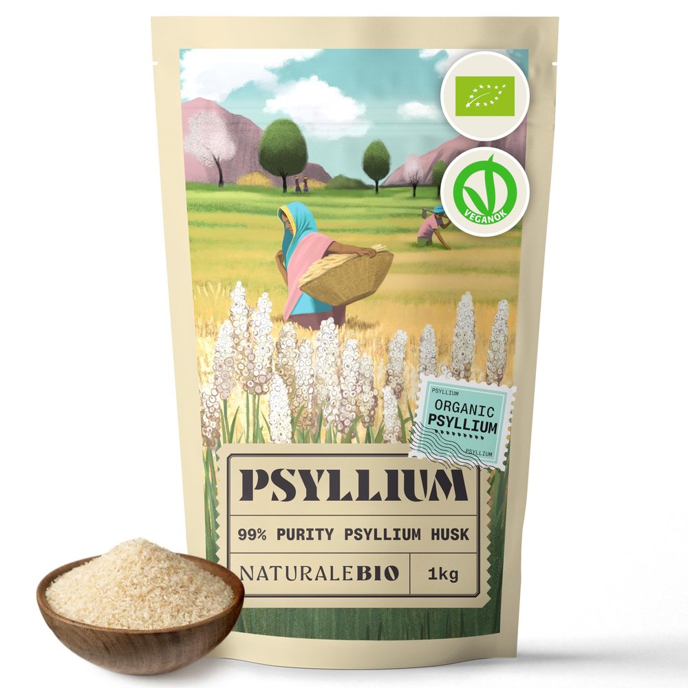 NaturaleBio Organic Psyllium Husk - 99% Purity - 1 kg. Pure & Natural Psyllium Seed Husks, Produced in India. High in Fibre, to be Mixed with Water, Beverages, & Juices, Vegetarian & Vegan.