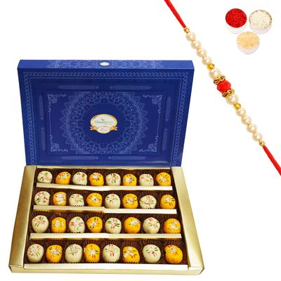 Ghasitaram Gifts Rakhi Gifts for Brothers Sugarfree Mawa Peda Box 800 GMS with Beads Rakhi