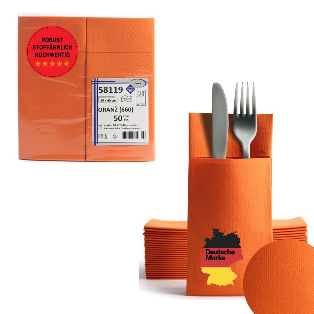 100 Airlaid Cutlery Napkins, Fabric-Like | Ready Folded Napkins with Slit | 40 x 40 cm 1/8 Fold Cutlery Bag High Quality Wedding Birthday Hotel Catering Premium Quality Orange