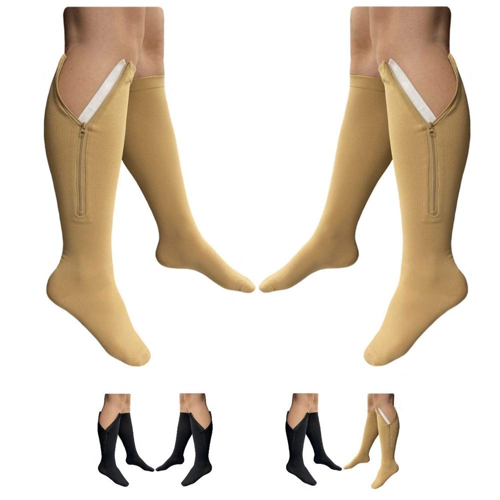 HealthyNees 2 Pairs Set Closed Toe 20-30 mmHg Zipper Compression Fatigue Swelling Circulation Knee Length Socks (2XL - 2 Pairs Beige)