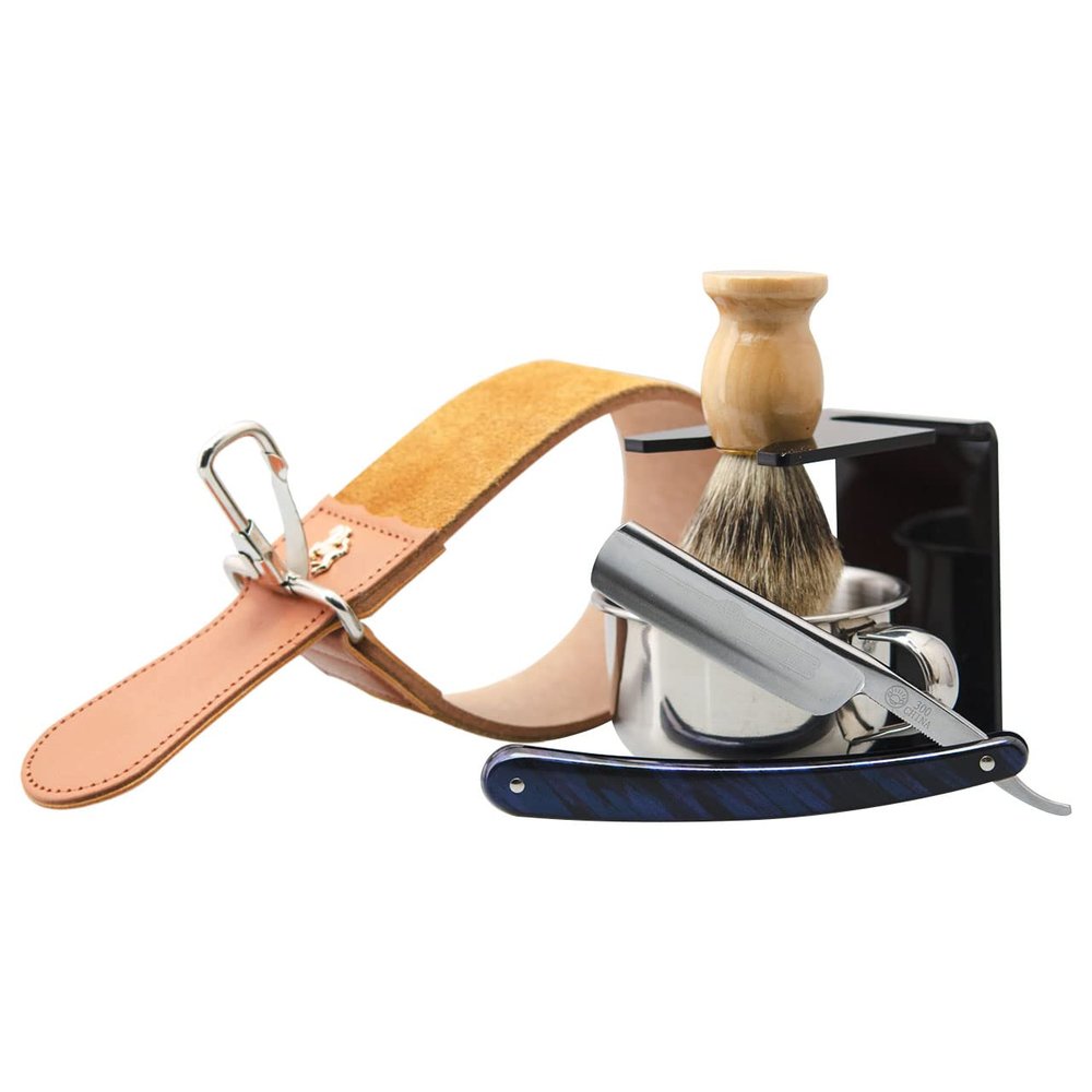 7 Piece Luxury Men Shaving Kit ~ Straight Edge Razor, Leather Canvas Strop, Barber Brush, Razor Stand, Shaving Mug Bowl/Soap/Towel