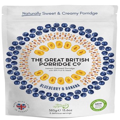 Blueberry & Banana Instant Oatmeal Porridge from The Great British Porridge Co - Naturally Sweet & Creamy Porridge Oats - 385g Pouch - 100% Natural, No Added Sugar, Plant Based, High Fibre