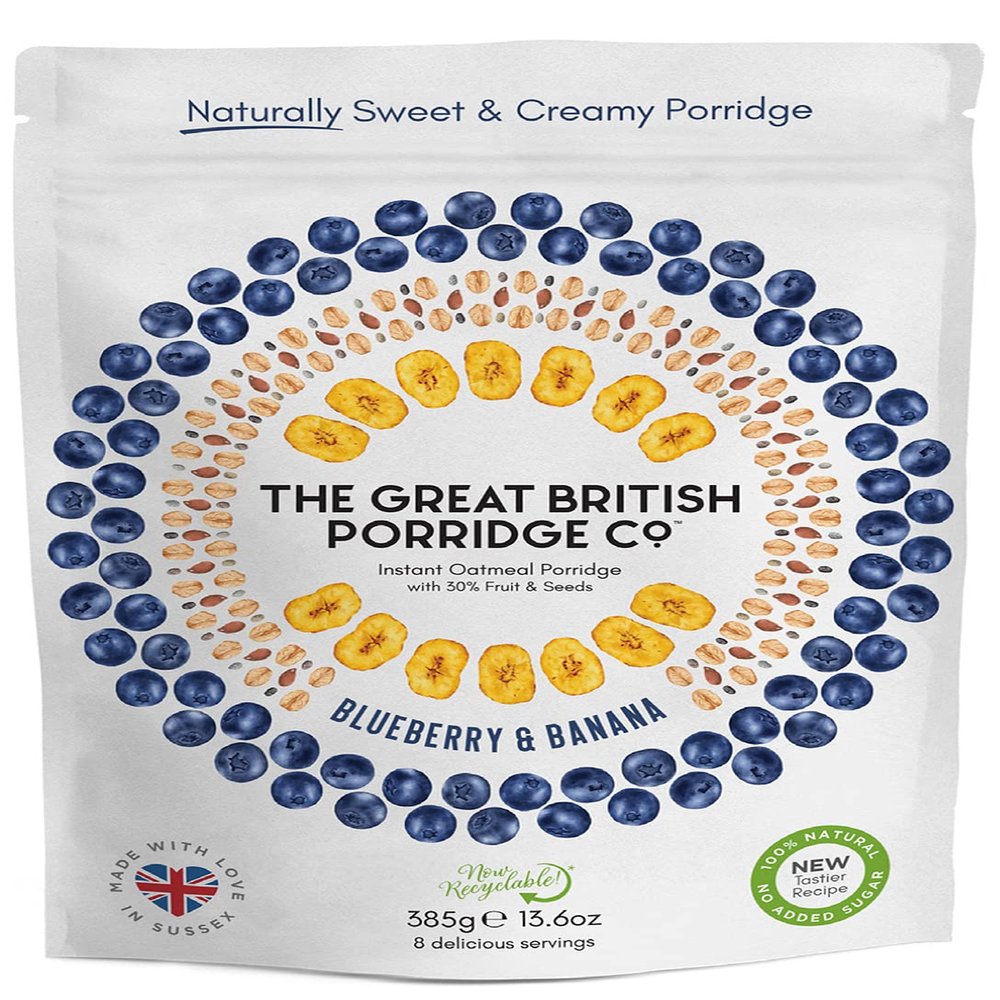 Blueberry & Banana Instant Oatmeal Porridge from The Great British Porridge Co - Naturally Sweet & Creamy Porridge Oats - 385g Pouch - 100% Natural, No Added Sugar, Plant Based, High Fibre