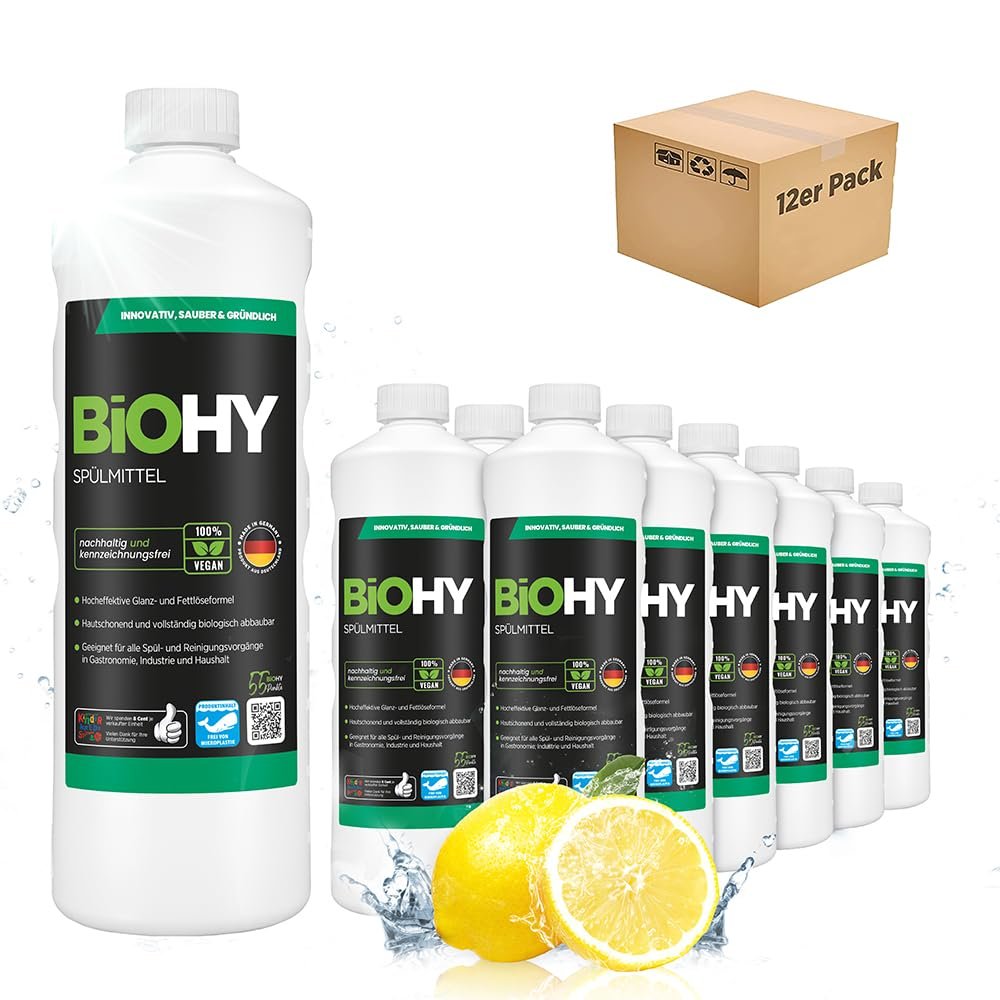 BiOHY Detergent (12 x 1l Bottle) | Free of harmful chemicals & biodegradable | Gloss & fat dissolving formula | Suitable for catering, industry and household (Splmittel)