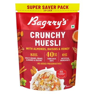 Bagrry's Crispy Cereal, 750g Bag, 40% Fiber Rich Oats with Bran, 82% Grains, Almonds, Raisins and Honey, Breakfast Cereal, Natural Cereal