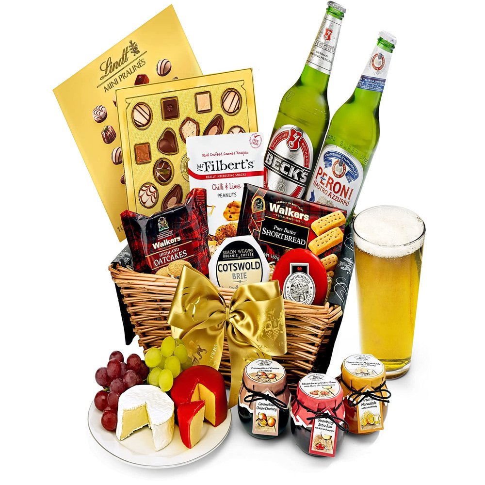 Gourmet Beer Gift Set - Trafalgar Beer Hamper with Lager, Cheddar, Brie, Chutney, Oatcakes - Lager and Snack Gift Basket for Men, from Regency Hampers