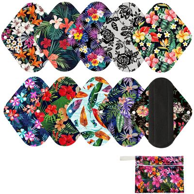 10 Pcs Resuable Menstrual Pad Set Including 1Pc Mini Wet Bag + 9Pcs Regular Flow Waterproof Mama Cloth Sanitary Napkin Pads Menstrual Pads (Panty Set, Panty Liner Bamboo Charcoal)