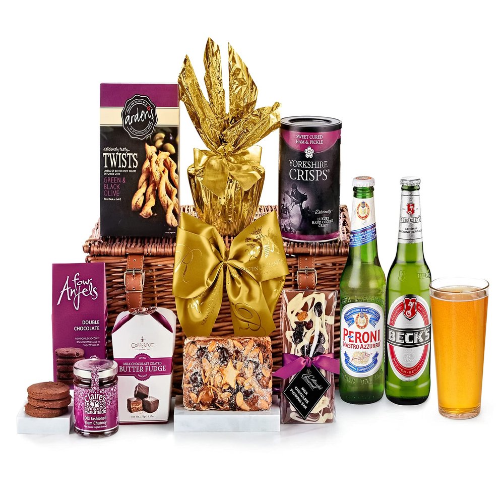 Chalford Beer Hamper - Premium Beer Gift Set with Beck's, Peroni, Crisps, Chutney, Chocolate Biscuits, Fruit Cake, Fudge - Lager and Snack Gift Baskets for Him, from Regency Hampers