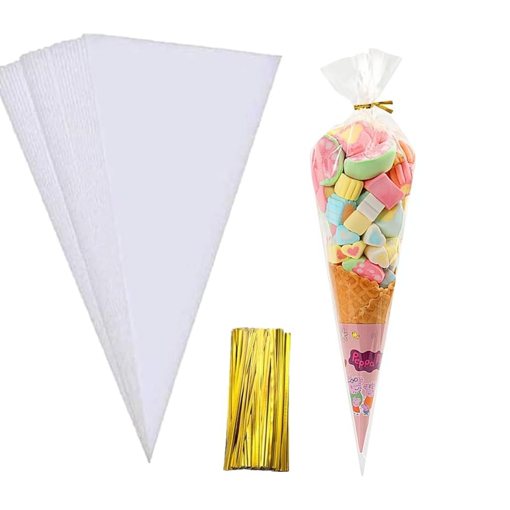 100 PCS Cellophane Cone Bags Sweet Cones Bags Plastic Cones for Sweets with Twist Ties for Snacks Popcorn Chocolates Candy Party(6.3" X 11.8")