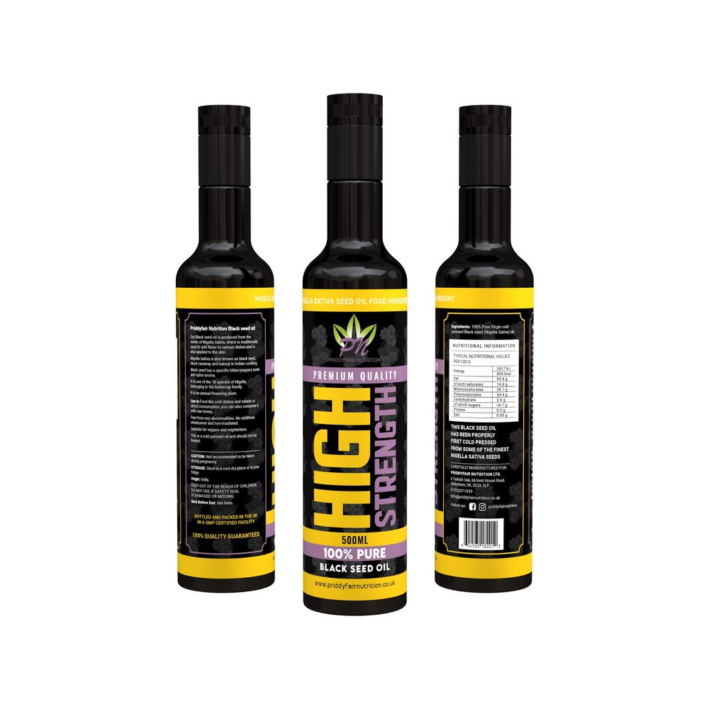 Black Seed Oil Cold Pressed 500ml High Strength Pure Virgin Oil from Organically Grown Nigella Sativa BlackSeed Blessed Cumin Seed Oil - Glass Bottle with a Free Priddyfair Nutrition Sachet Raw Honey
