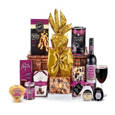 Classic Red Wine and Cheese Gift Basket - Cambridge Cheese and Red Wine Hamper with Mature Cheddar, Organic Brie, Chocolate Biscuits - Merlot Gift Set for Women, from Regency Hampers