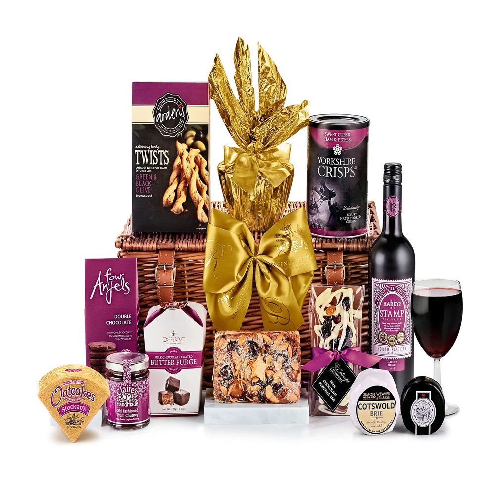 Classic Red Wine and Cheese Gift Basket - Cambridge Cheese and Red Wine Hamper with Mature Cheddar, Organic Brie, Chocolate Biscuits - Merlot Gift Set for Women, from Regency Hampers