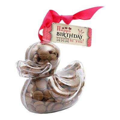 ButtonChocs Birthday Chocolate Duck - Happy Birthday. Belgian Milk Chocolate Birthday Gift.