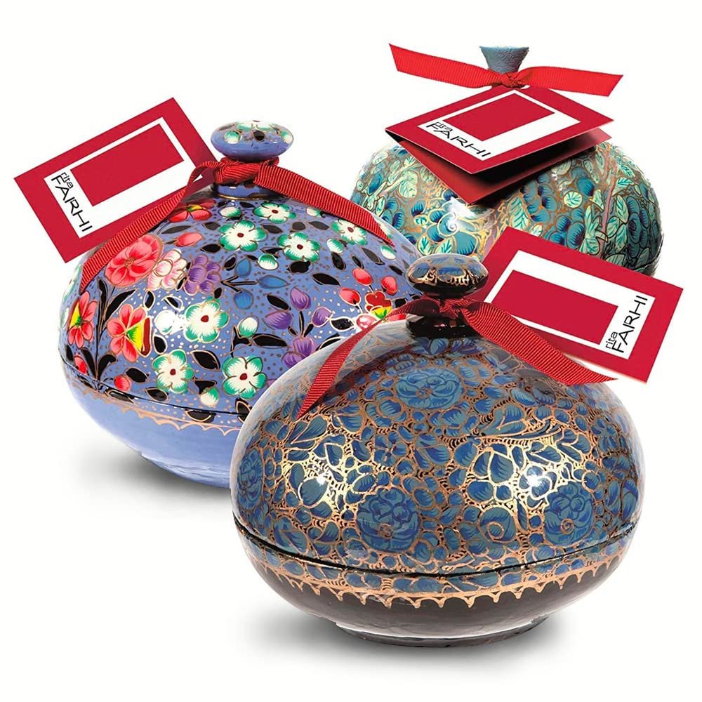 Rita Farhi Dark Chocolate Covered Gingers in a Hand Made Papier Mache Bonbonniere 130 g - Blue - New Palm Oil Free Recipe