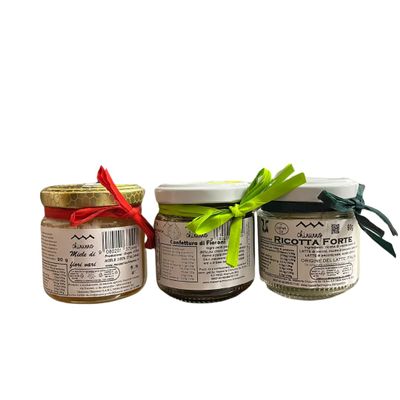 Chinunno Tris di Prodotti Tipici Pugliesi: Ricotta Forte Pugliese Miele e Confettura di fioroni (90 gr x 3 vasetti)