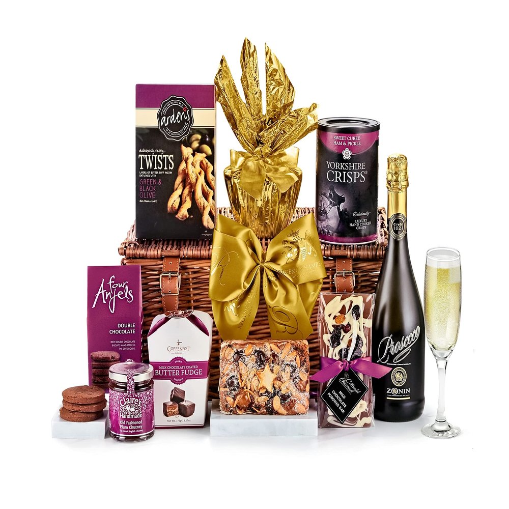 Classic Prosecco Gift Set - Chalford Prosecco Hamper with Handmade Chutney, Chocolate Biscuits, Fruit Cake, Lemon Pudding - Sparkling Wine Gift Baskets for Special Occasions, from Regency Hampers