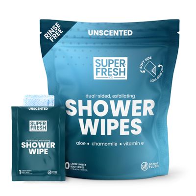 Super Fresh Shower Wipes Large Unscented Body Wipes for No Rinse Bathing Personal Hygiene Gym Travel Camping Enriched with Aloe and Vitamin E 10 Individually Wrapped Disposable Sheets