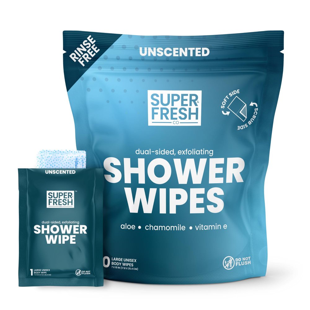 Super Fresh Shower Wipes Large Unscented Body Wipes for No Rinse Bathing Personal Hygiene Gym Travel Camping Enriched with Aloe and Vitamin E 10 Individually Wrapped Disposable Sheets