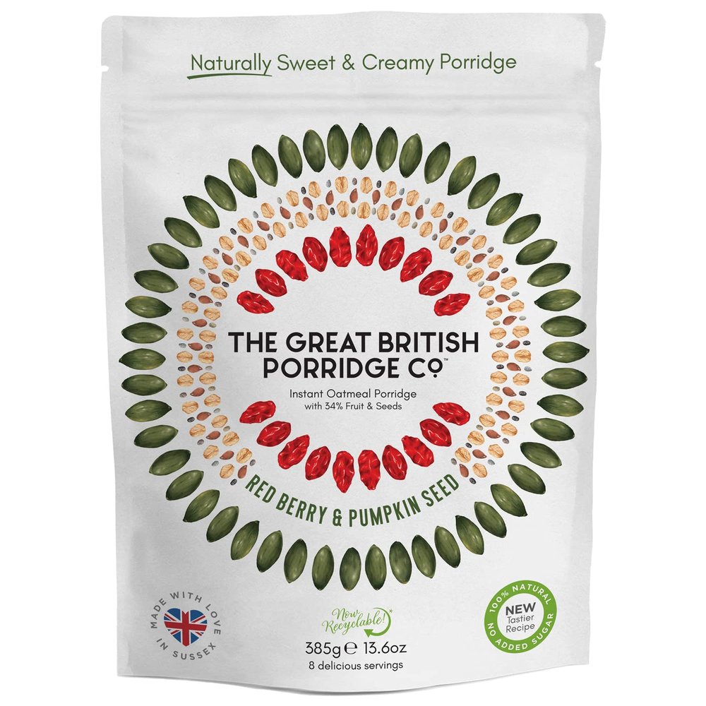 The Great British Porridge Co. Instant Porridge, Red Berry & Pumpkin Seed, Vegan, High Fibre, 385g Pouch