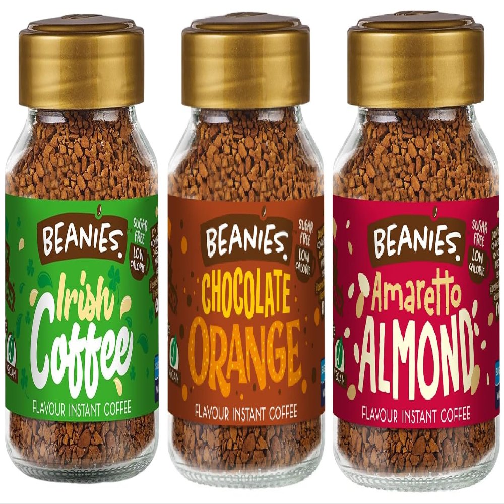 Beanies Flavoured Instant Coffee Jars 3x50g ; Amaretto Almond, Chocolate Orange & Irish Coffee