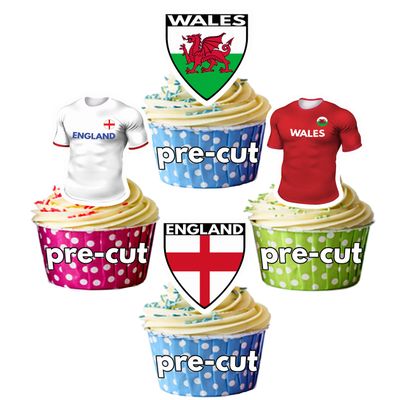 AK Giftshop Six 6 Nations Rugby Themed Precut Edible Cupcake Toppers Cake Decoration - England V Wales (24 Cake toppers)