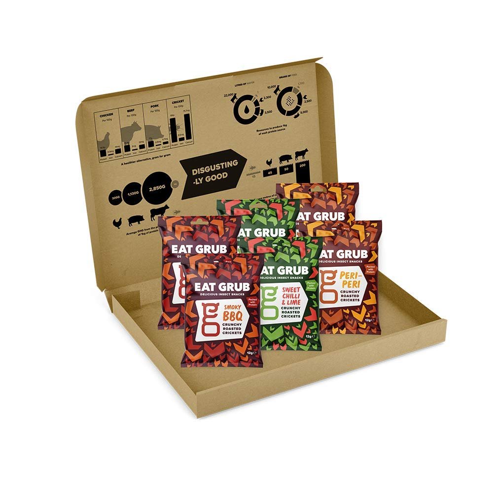 Eat Grub Edible Insects Crickets for Humans, Roasted Edible Crickets Snack, Protein Snack, Tasting Set (6 pack, 90g, Smoky BBQ, Sweet Chilli & Lime, Peri Peri - Mix Smokin Hot)