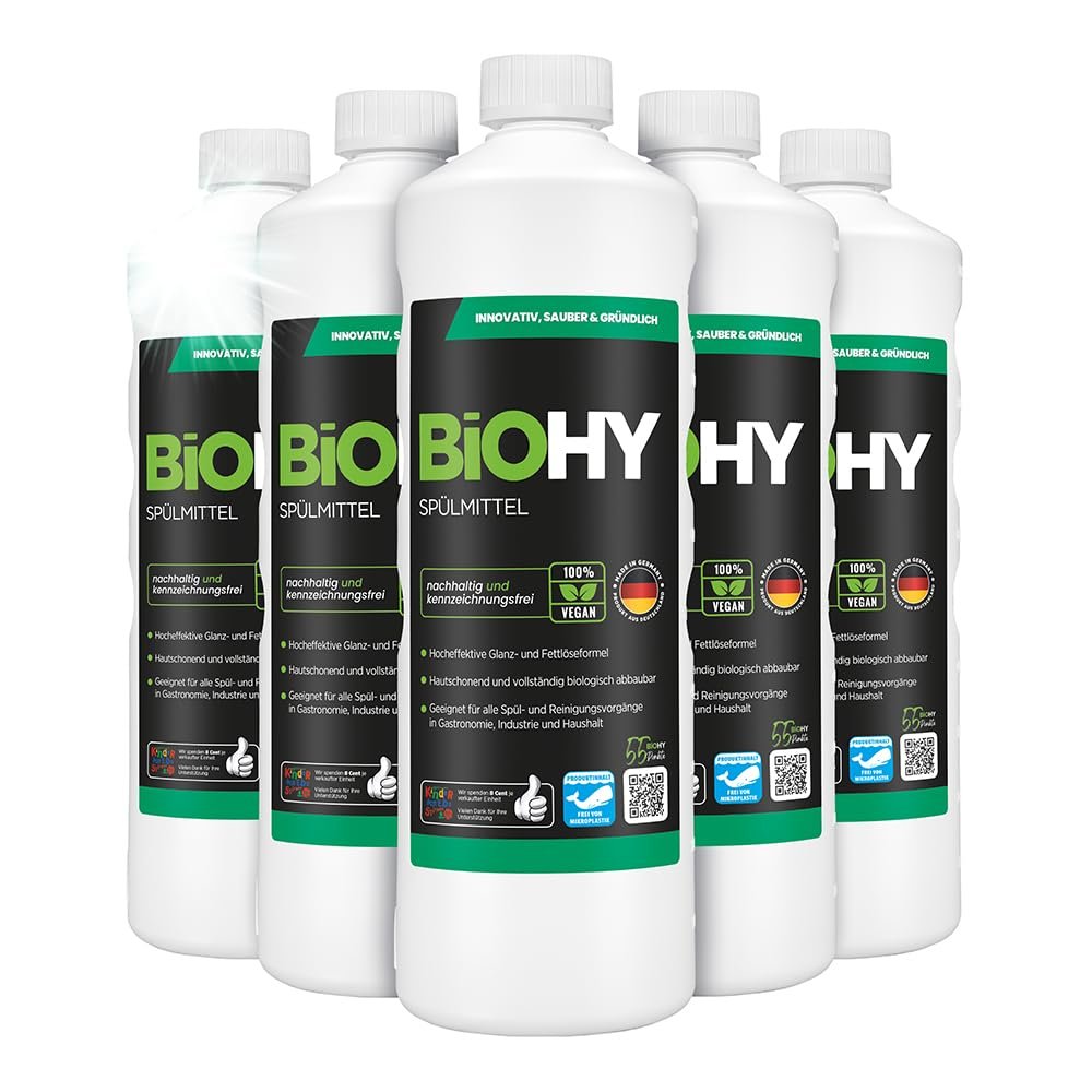 BiOHY Detergent (6 x 1l Bottle) | Free of harmful chemicals & biodegradable | Gloss & fat dissolving formula | Suitable for catering, industry and household (Splmittel)