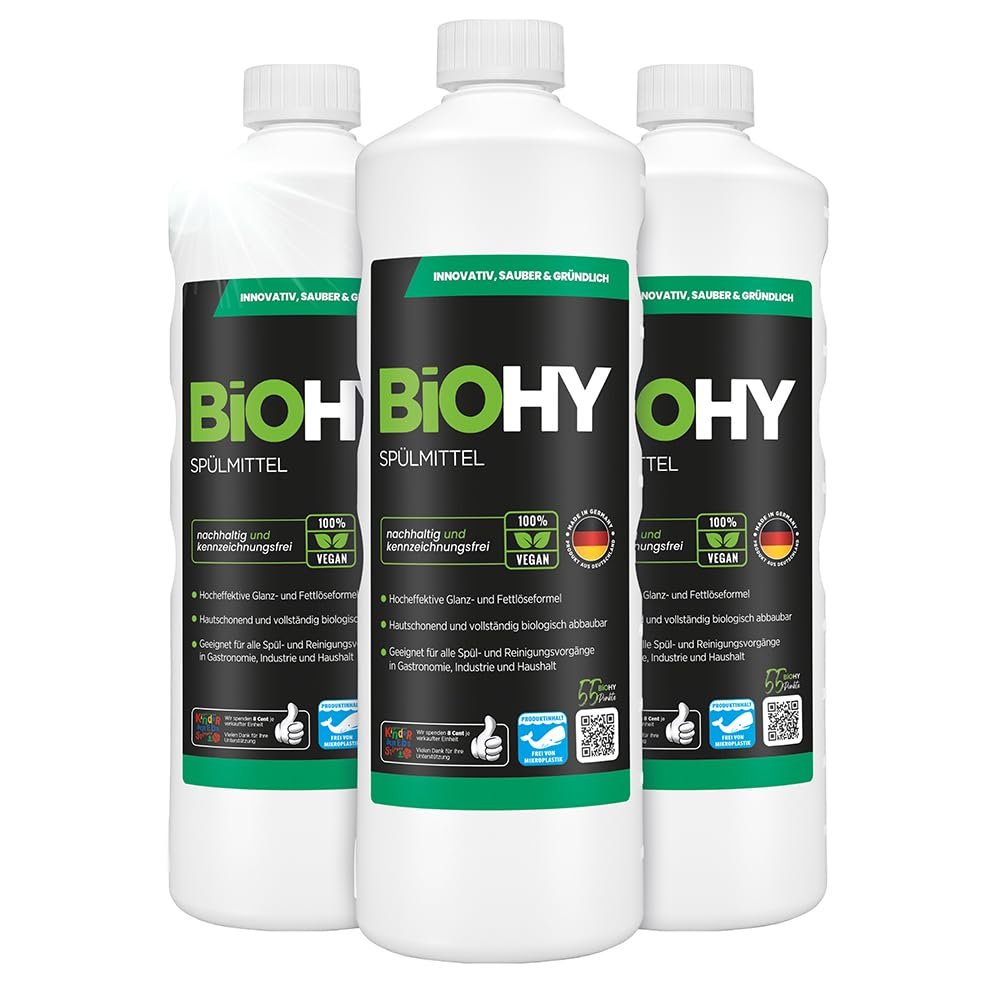 BiOHY Detergent (3 x 1l Bottle) | Free of harmful chemicals & biodegradable | Gloss & fat dissolving formula | Suitable for catering, industry and household (Splmittel)