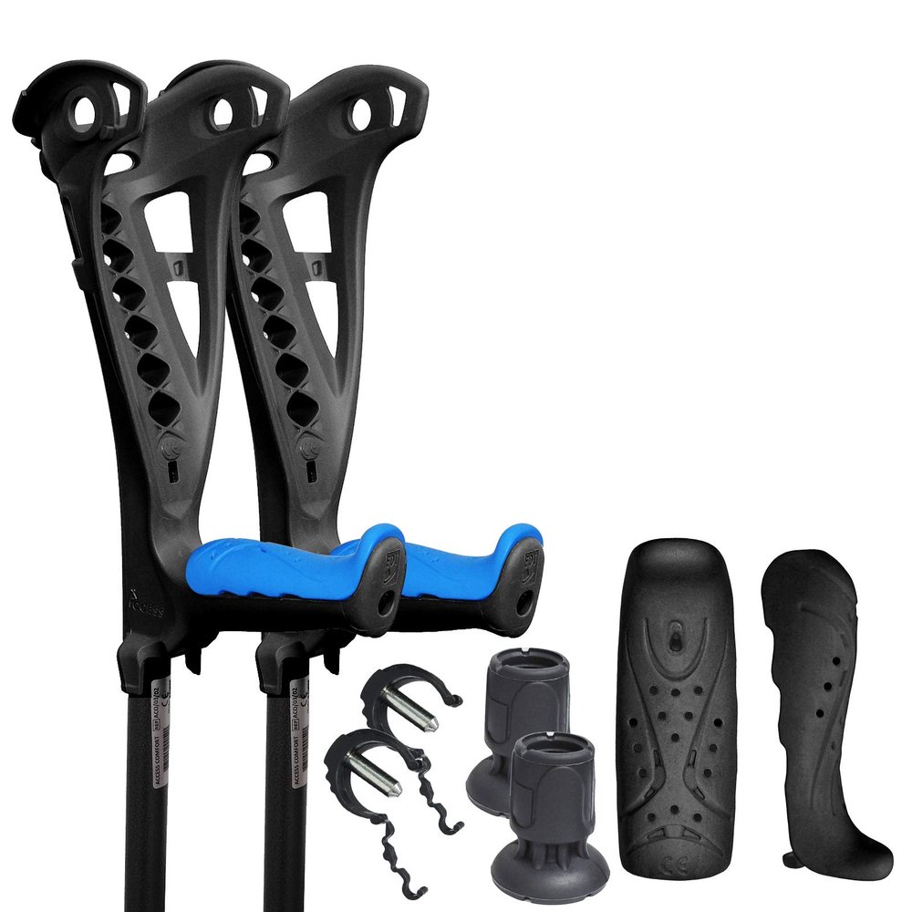 FDI Access Comfort Grip Adjustable Premium Open Elbow Cuff Walking Crutches 1 Pair Black - Blue Grips + Service Pack Add-On