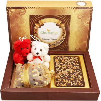 Ghasitaram Gifts Valentines Gift Valentines Day Chocolates for Girlfriend/Boyfriend/Husband and Wife Valentines Chocolate Hamper Walnut Chocolate Bark Big with Teddies and Nutties