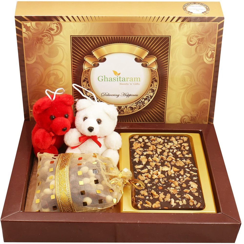 Ghasitaram Gifts Valentines Gift Valentines Day Chocolates for Girlfriend/Boyfriend/Husband and Wife Valentines Chocolate Hamper Walnut Chocolate Bark Big with Teddies and Nutties