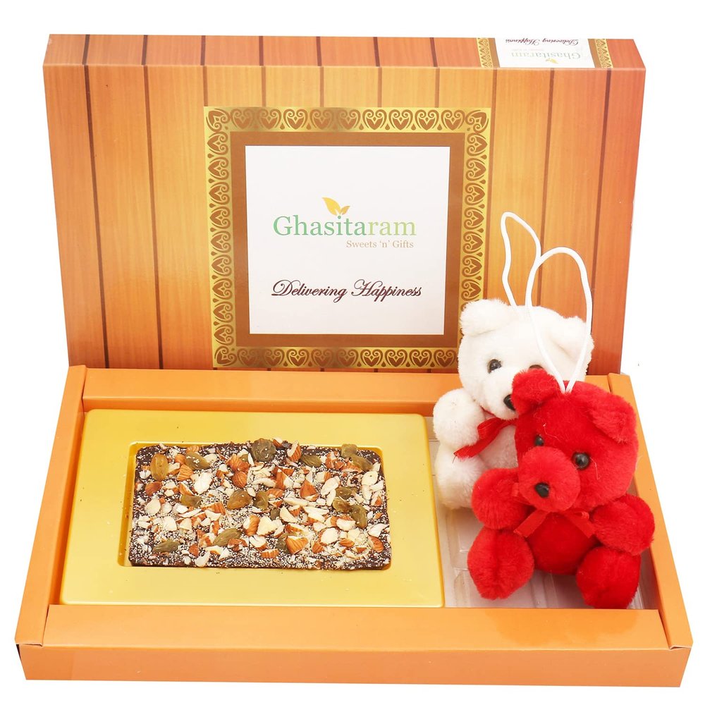 Ghasitaram Gifts Valentines Gift Valentines Day Chocolates for Girlfriend/Boyfriend/Husband and Wife Valentines Chocolate Hamper Dark Dryfruit Chocolate Bark Small with Teddies